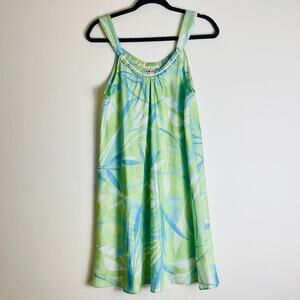 Oscar de la Renta Babydoll Dress Short Blue Green Leaf Print Flowy Beach size M
